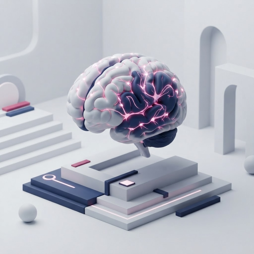 Conceptual isometric illustration of a brain model with glowing neural pathways
