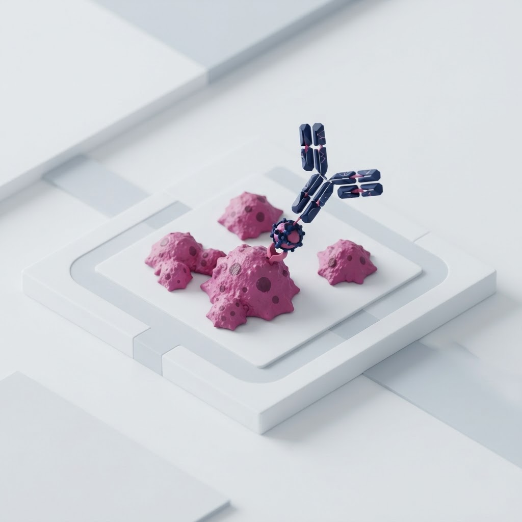 Conceptual isometric illustration of cancer cells and a targeted therapy molecule