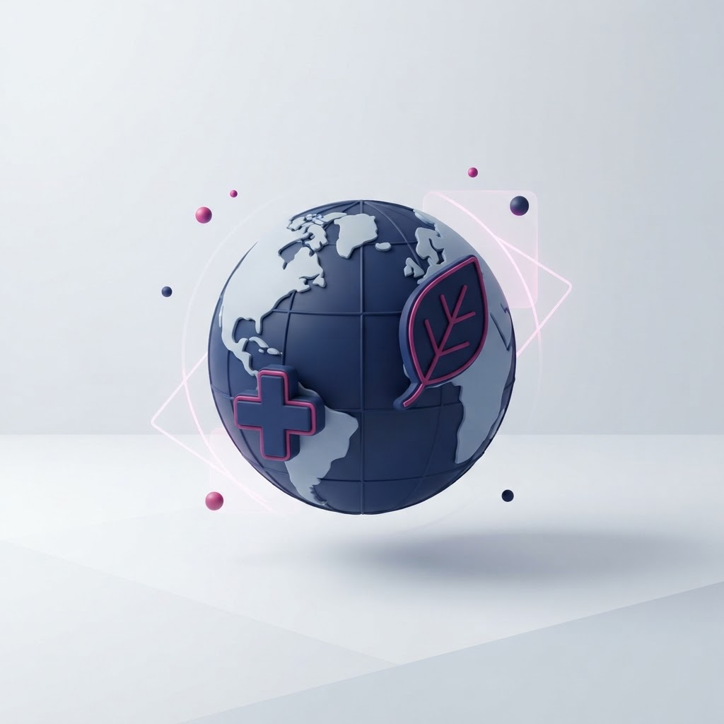 Conceptual isometric illustration of a globe with a leaf and a medical cross