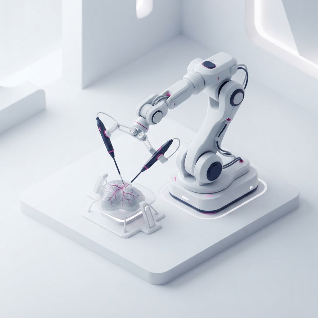Conceptual isometric illustration of a robotic surgical arm and instruments