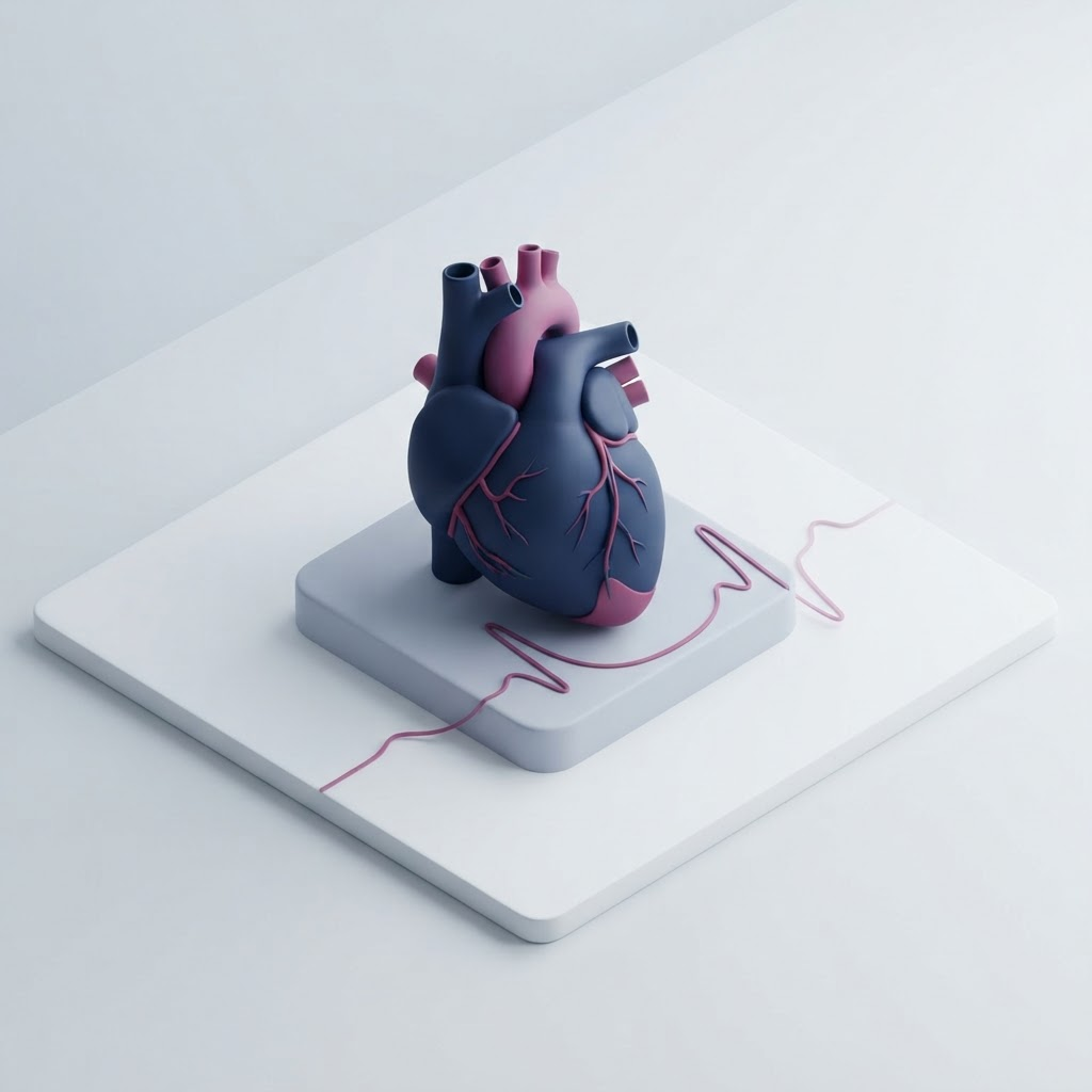 Conceptual isometric illustration of an anatomical heart with a pulse line
