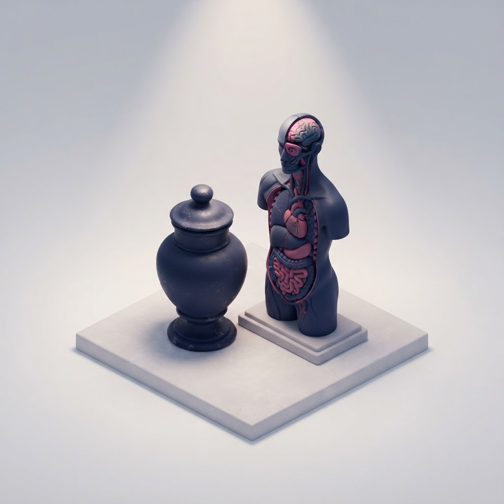 Conceptual isometric illustration of a vintage apothecary jar and anatomical model under a spotlight