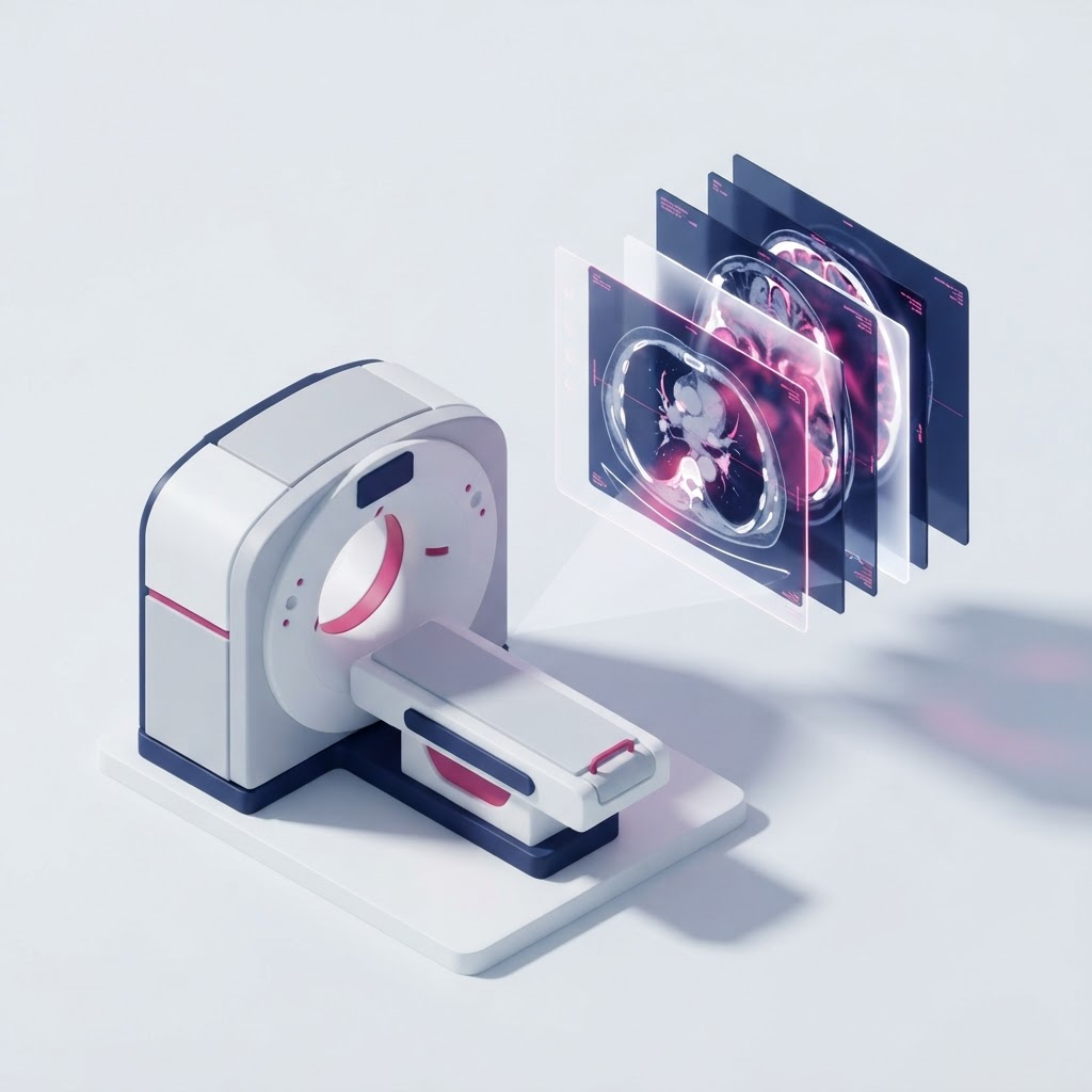 Conceptual isometric illustration of a scanner and a floating cross-section display