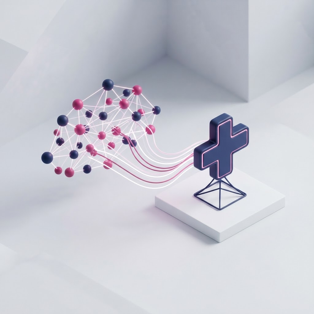 Conceptual isometric illustration of a neural network linked to a medical cross