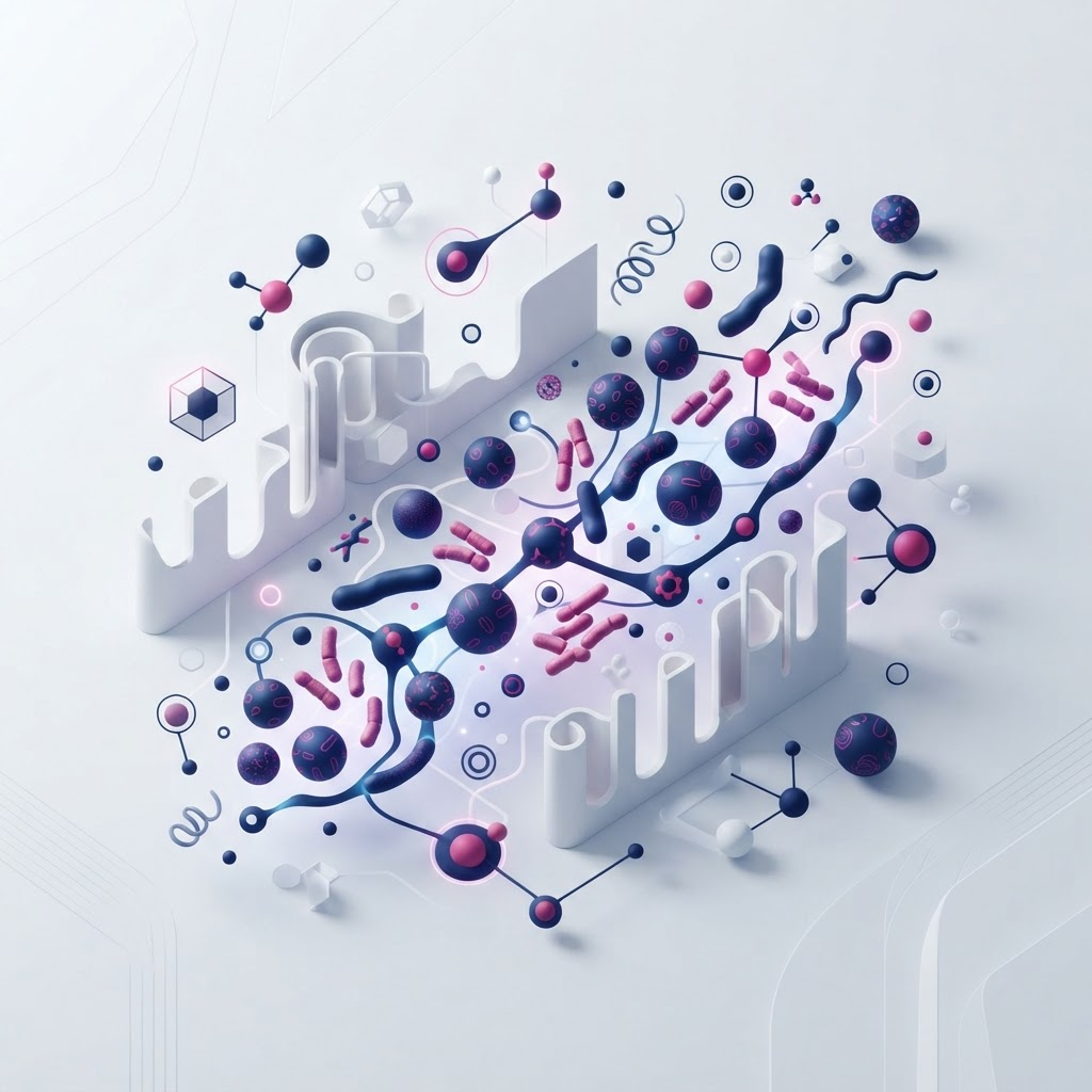 Conceptual isometric illustration of friendly gut bacteria and microorganisms