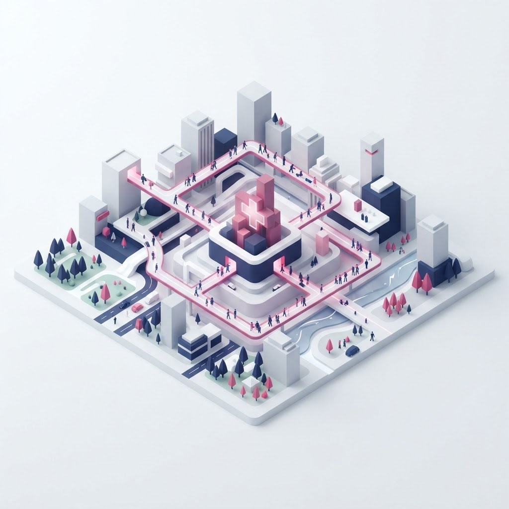 Conceptual isometric illustration of a connected city with a subtle medical cross