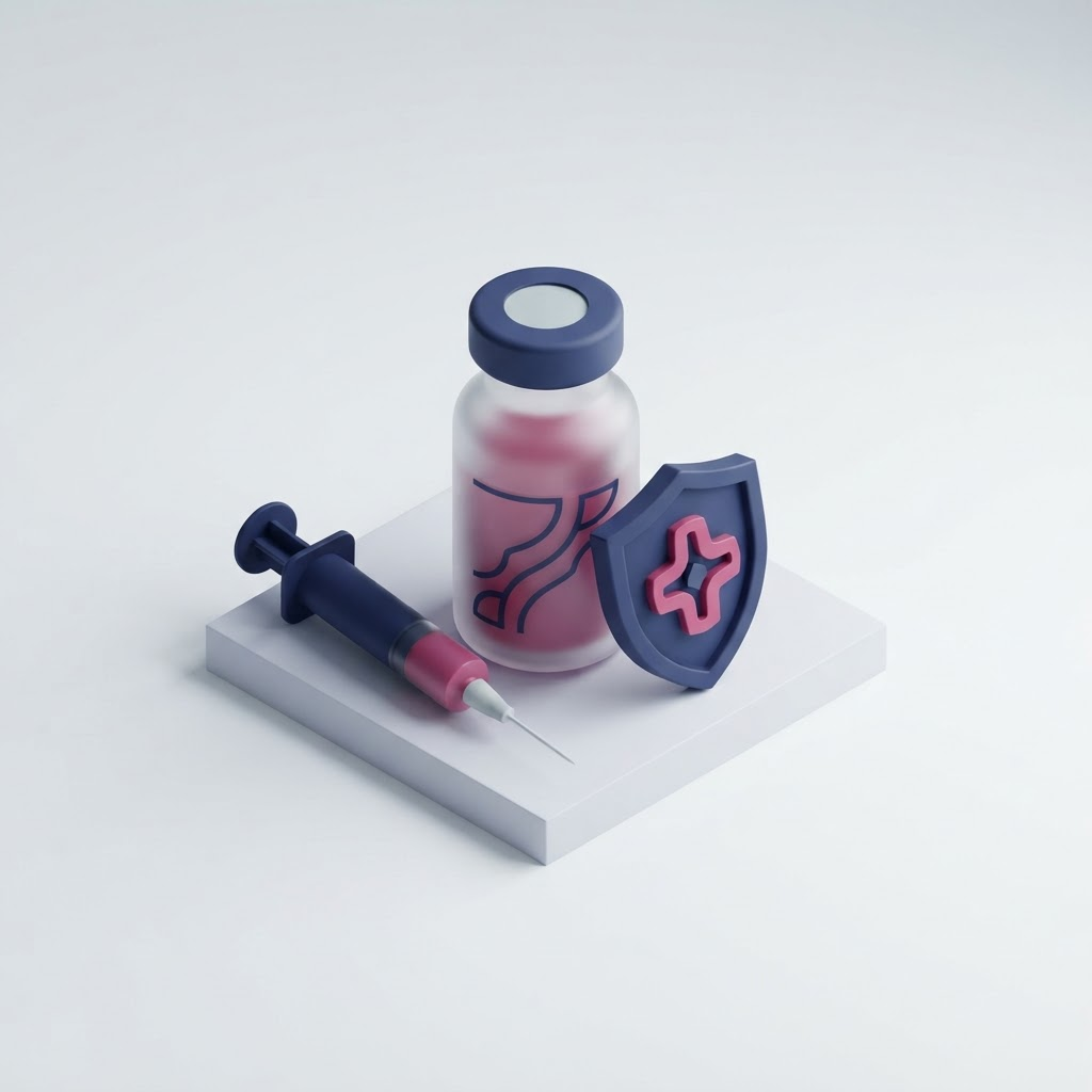 Conceptual isometric illustration of a vaccine vial, syringe and shield motif