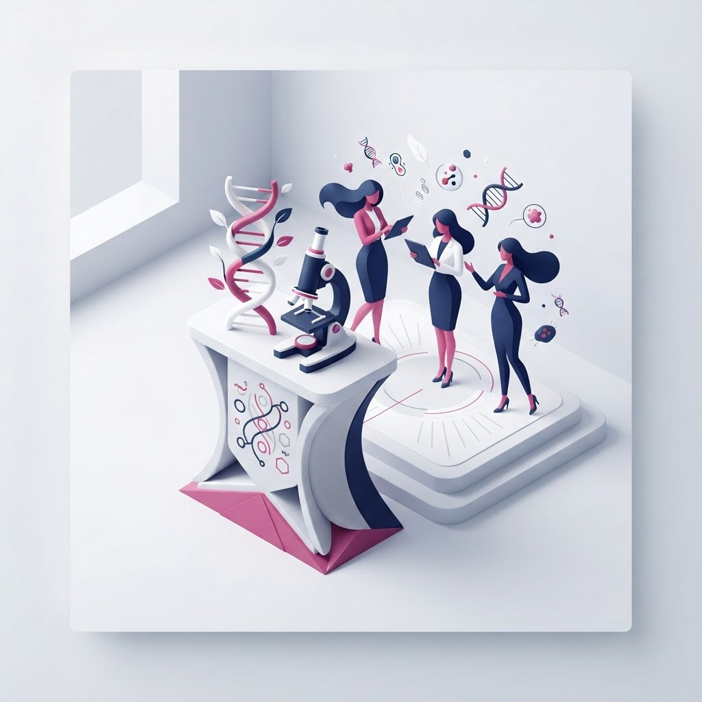 Conceptual isometric illustration of a podium, microscope and abstract figures