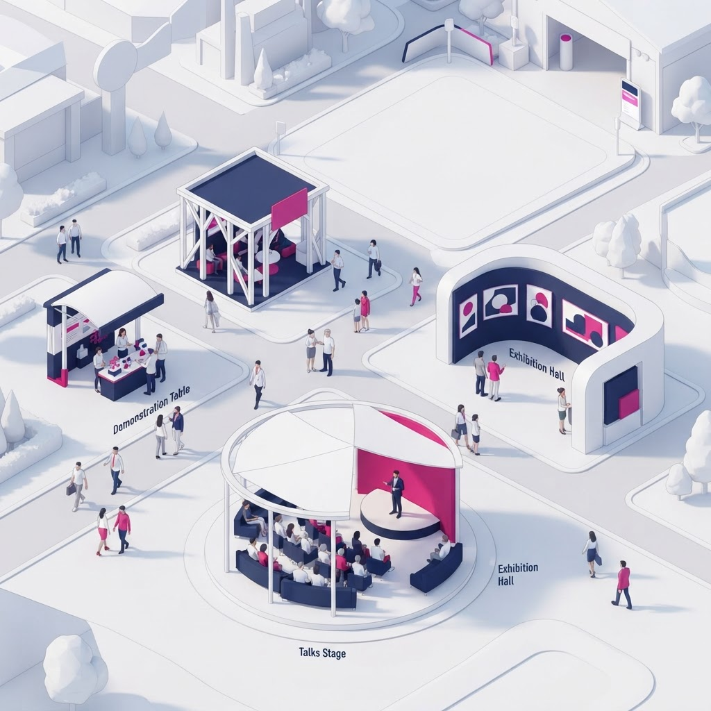 Conceptual isometric illustration of a week-long medicine festival with a talks stage, exhibition hall and demonstrations